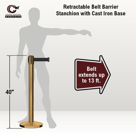 Retractable Belt Barrier Stanchion, Satin Brass Post, Cast Iron Base, 7.5 - 13 Ft. Belt - Montour Line MI630 - Crowd Control Warehouse