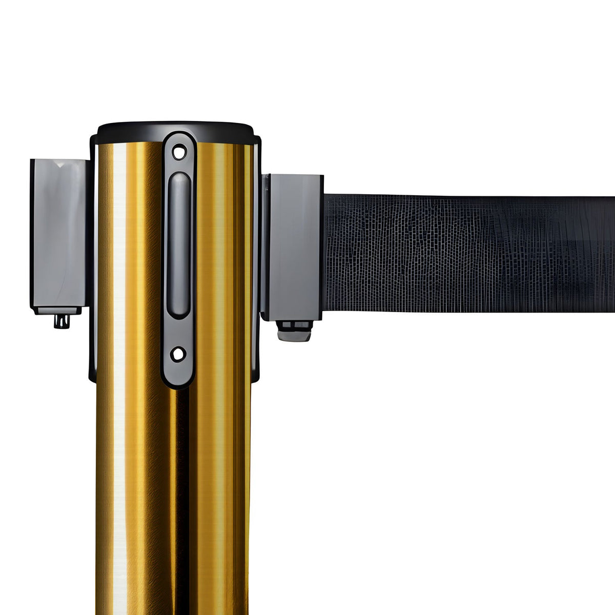 Retractable Belt Barrier Stanchion, Satin Brass Post, Cast Iron Base, 7.5 - 13 Ft. Belt - Montour Line MI630 - Crowd Control Warehouse