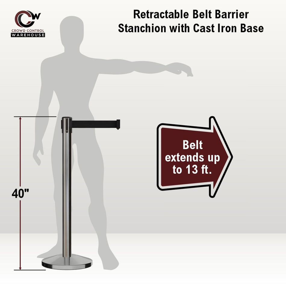 Retractable Belt Barrier Stanchion, Satin Stainless Steel, Cast Iron Base, 7.5 - 13 Ft. Belt - Montour Line MI630 - Crowd Control Warehouse