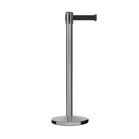 Retractable Belt Barrier Stanchion, Satin Stainless Steel, Cast Iron Base, 7.5 - 13 Ft. Belt - Montour Line MI630 - Crowd Control Warehouse