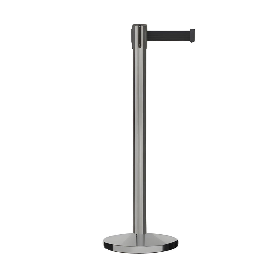 Retractable Belt Barrier Stanchion, Satin Stainless Steel, Cast Iron Base, 7.5 - 13 Ft. Belt - Montour Line MI630 - Crowd Control Warehouse