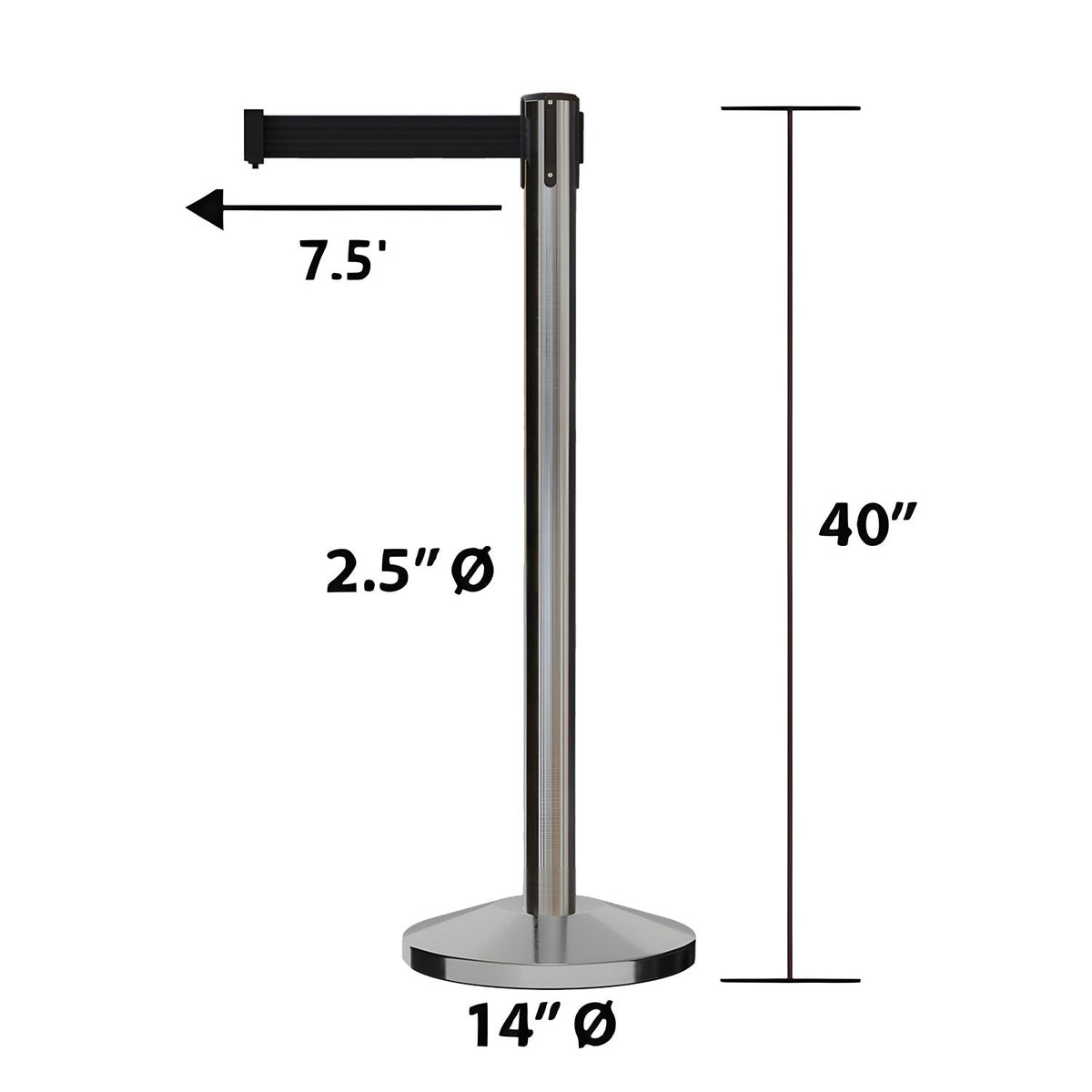 Retractable Belt Barrier Stanchion, Satin Stainless Steel Post, 7.5 - 11 Ft. Belt - CCW Series RBB - 100 - Crowd Control Warehouse