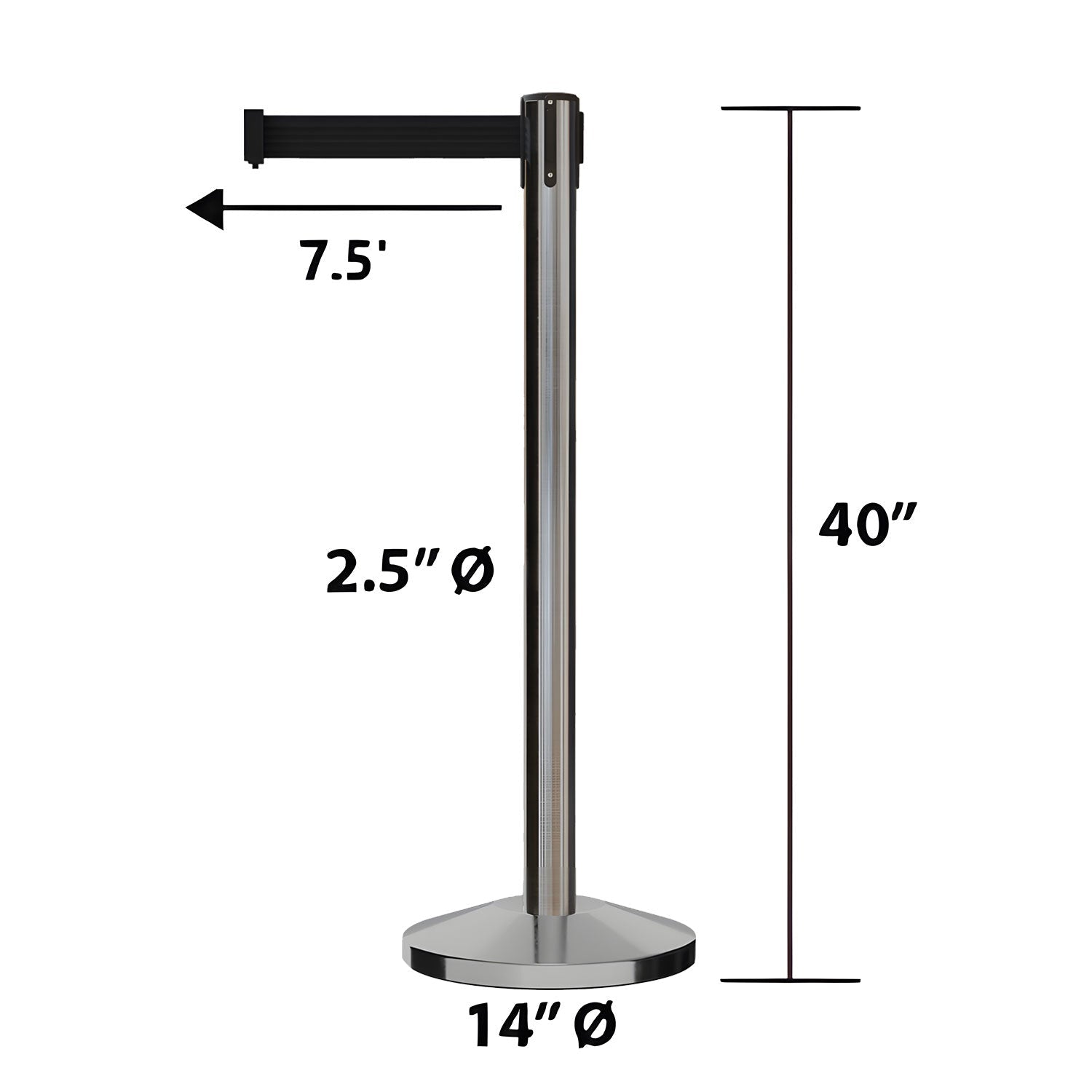 Retractable Belt Barrier Stanchion, Satin Stainless Steel Post, 7.5 - 11 Ft. Belt - CCW Series RBB - 100 - Crowd Control Warehouse