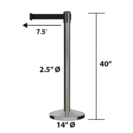 Retractable Belt Barrier Stanchion, Satin Stainless Steel Post, 7.5 - 11 Ft. Belt - CCW Series RBB - 100 - Crowd Control Warehouse