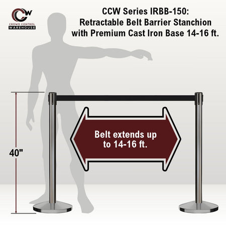 Retractable Belt Barrier Stanchion, Satin Stainless Steel Post with Heavy Duty Cast Iron Base, 14 - 16 Ft. Belt – Montour Line MI650 - Crowd Control Warehouse