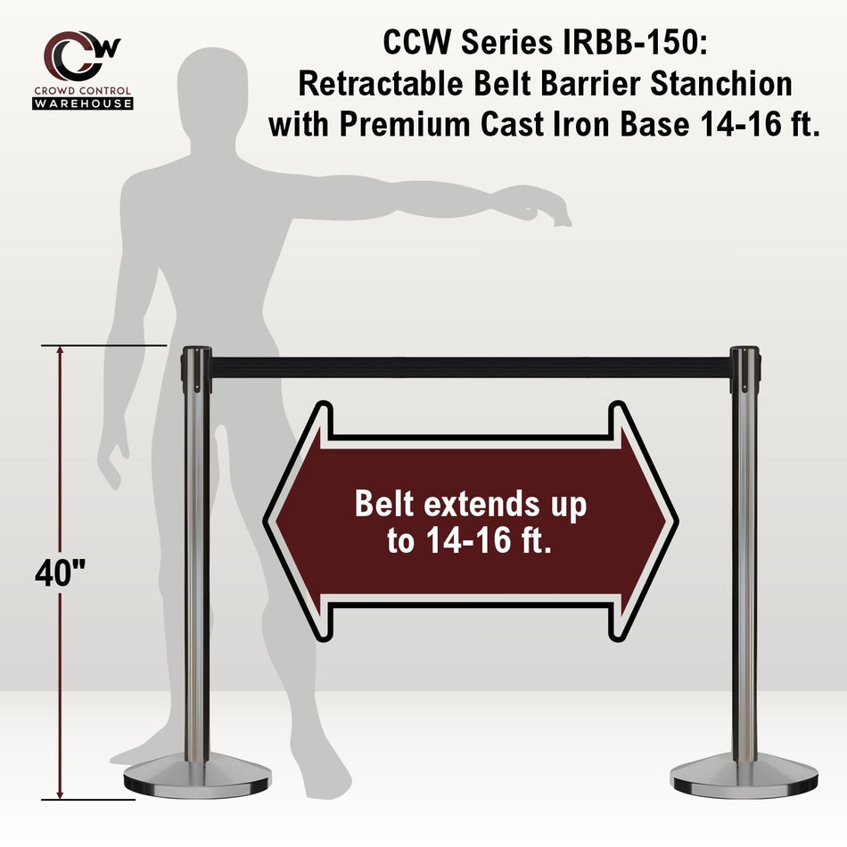 Retractable Belt Barrier Stanchion, Satin Stainless Steel Post with Heavy Duty Cast Iron Base, 14 - 16 Ft. Belt – Montour Line MI650 - Crowd Control Warehouse