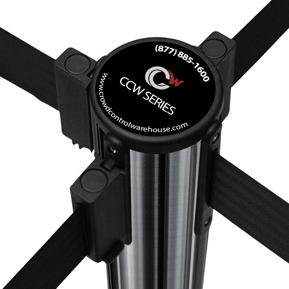 Retractable Belt Barrier Stanchion, Sloped Base, Satin Stainless Steel Post, 7.5 - 13 Ft. Belt - Montour Line M530 - Crowd Control Warehouse