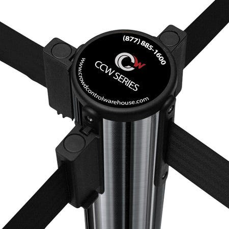 Retractable Belt Barrier Stanchion, Sloped Base, Satin Stainless Steel Post, 7.5 - 13 Ft. Belt - Montour Line M530 - Crowd Control Warehouse