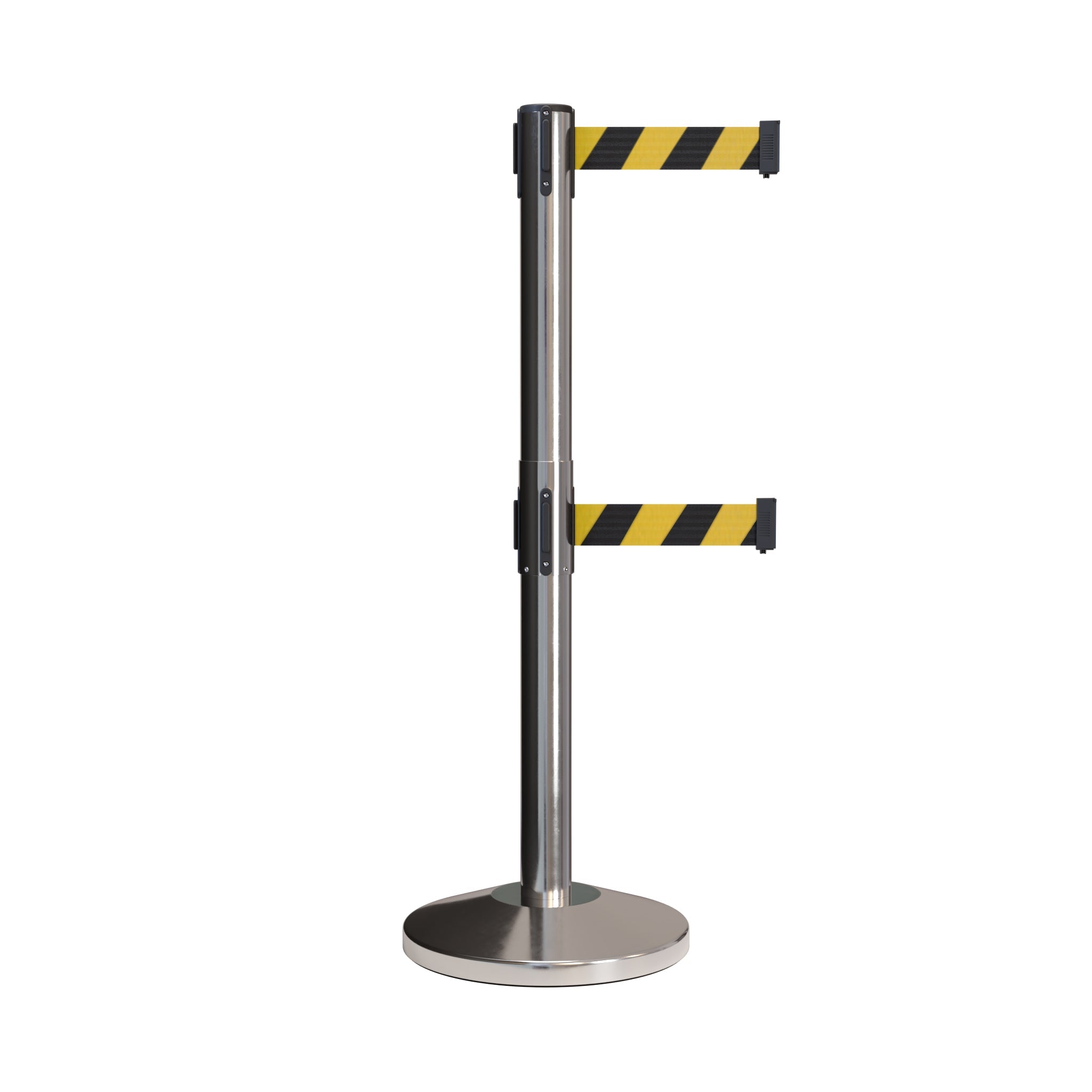 Retractable Dual Belt Barrier Stanchion, Black Post, 7.5 Ft. Belt - Montour Line MLine 630D - Crowd Control Warehouse