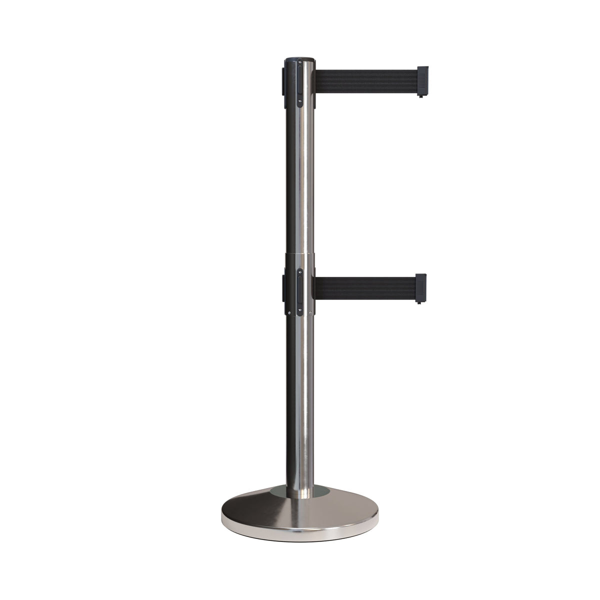 Retractable Dual Belt Barrier Stanchion, Black Post, 7.5 Ft. Belt - Montour Line MLine 630D - Crowd Control Warehouse