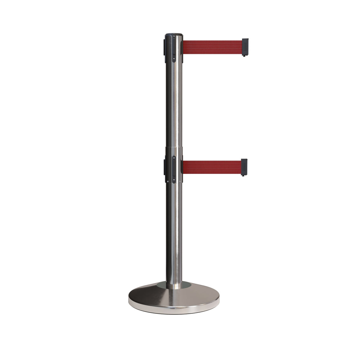 Retractable Dual Belt Barrier Stanchion, Black Post, 7.5 Ft. Belt - Montour Line MLine 630D - Crowd Control Warehouse
