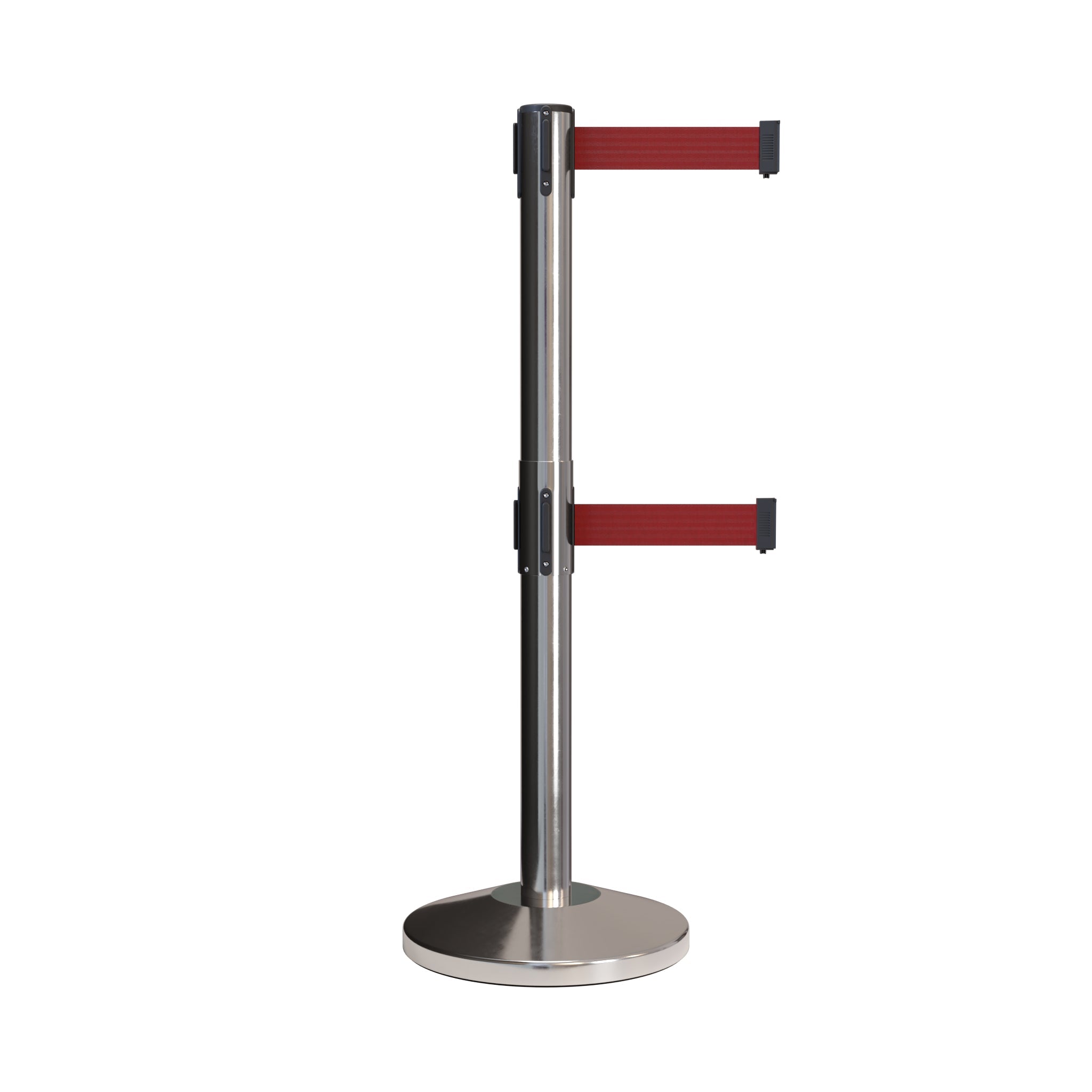 Retractable Dual Belt Barrier Stanchion, Black Post, 7.5 Ft. Belt - Montour Line MLine 630D - Crowd Control Warehouse