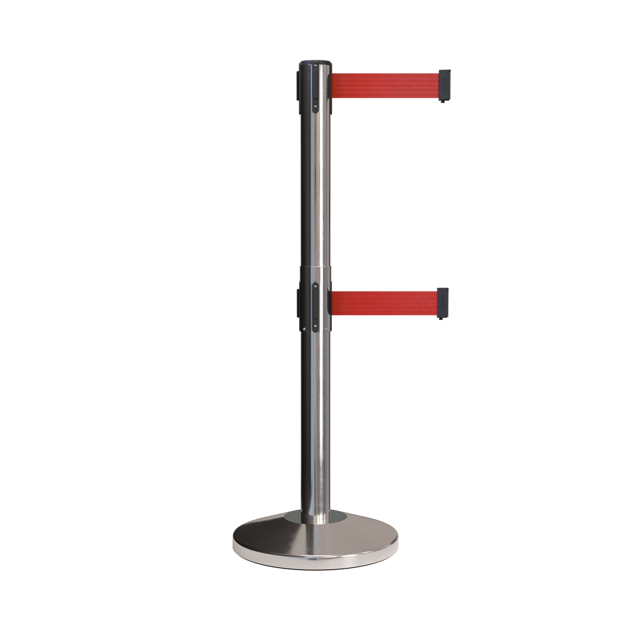 Retractable Dual Belt Barrier Stanchion, Black Post, 7.5 Ft. Belt - Montour Line MLine 630D - Crowd Control Warehouse