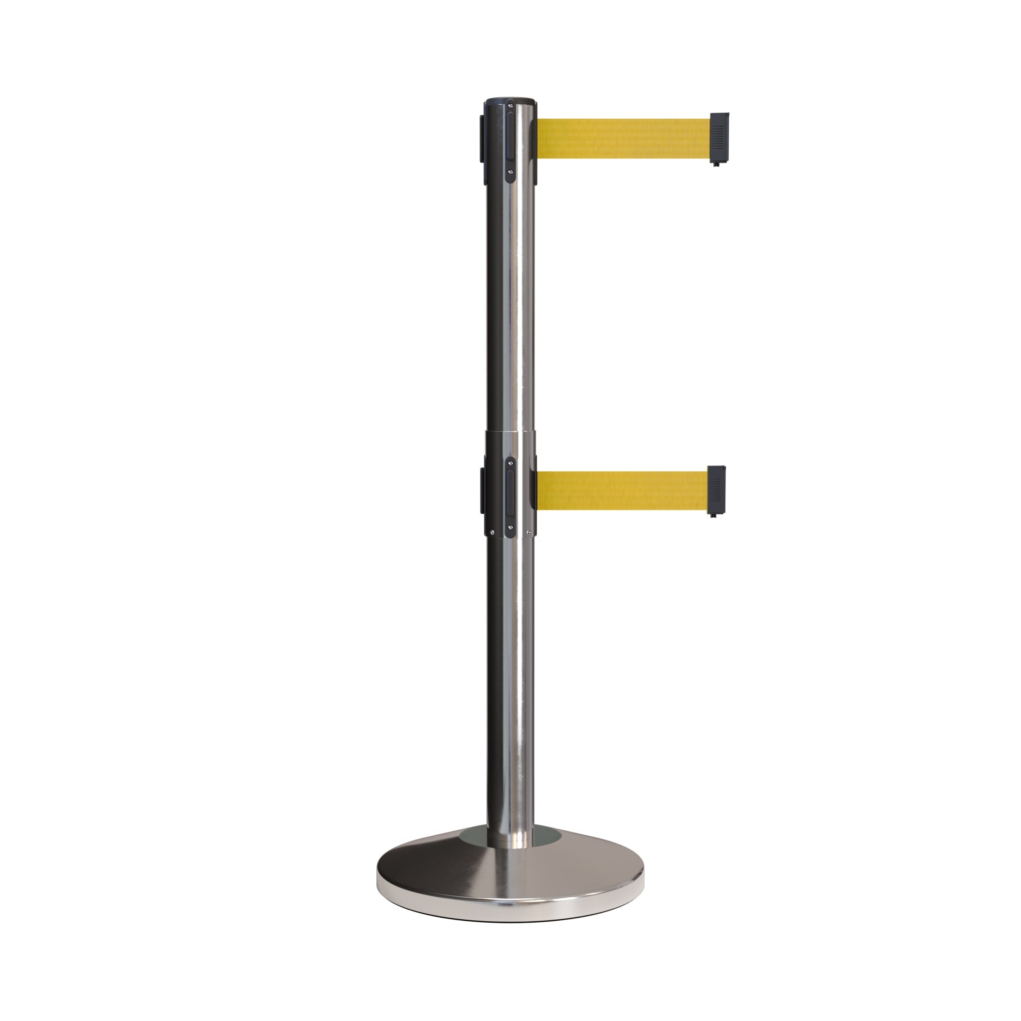 Retractable Dual Belt Barrier Stanchion, Black Post, 7.5 Ft. Belt - Montour Line MLine 630D - Crowd Control Warehouse