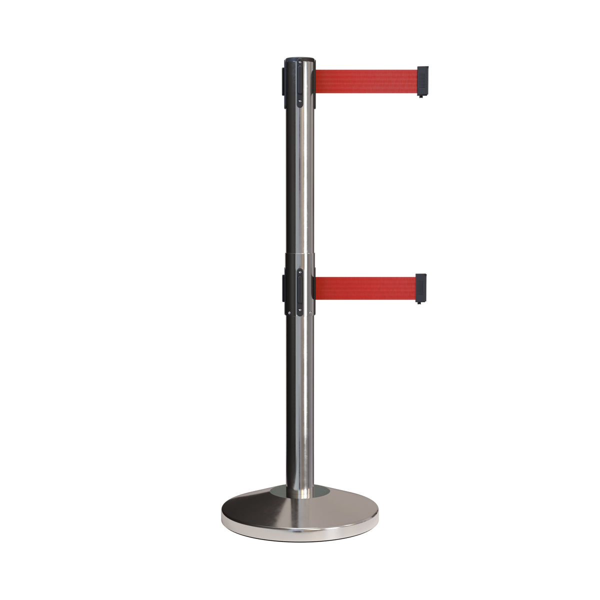 Retractable Dual Belt Barrier Stanchion, Black Post, 7.5 Ft. Belt - Montour Line MLine 630D - Crowd Control Warehouse