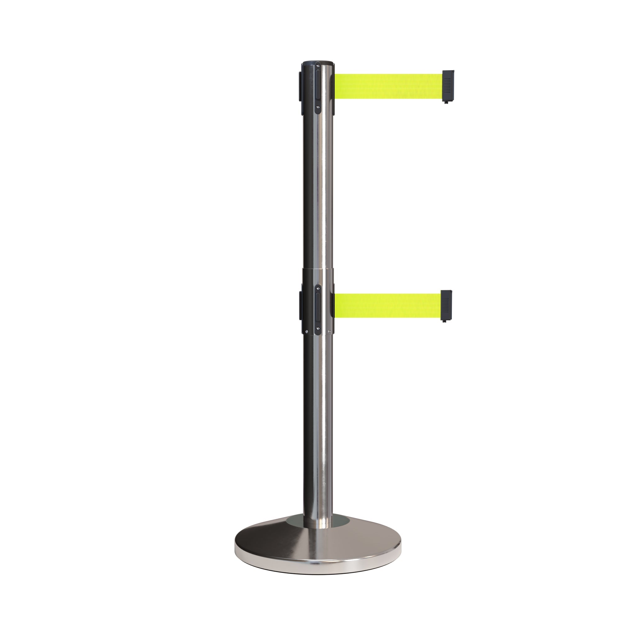 Retractable Dual Belt Barrier Stanchion, Black Post, 7.5 Ft. Belt - Montour Line MLine 630D - Crowd Control Warehouse