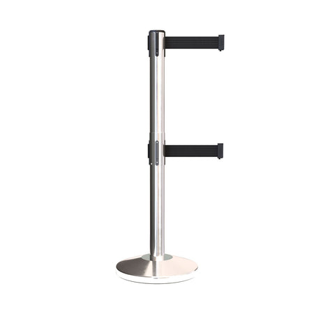 Retractable Dual Belt Barrier Stanchion, Black Post, 7.5 Ft. Belt - Montour Line MLine 630D - Crowd Control Warehouse