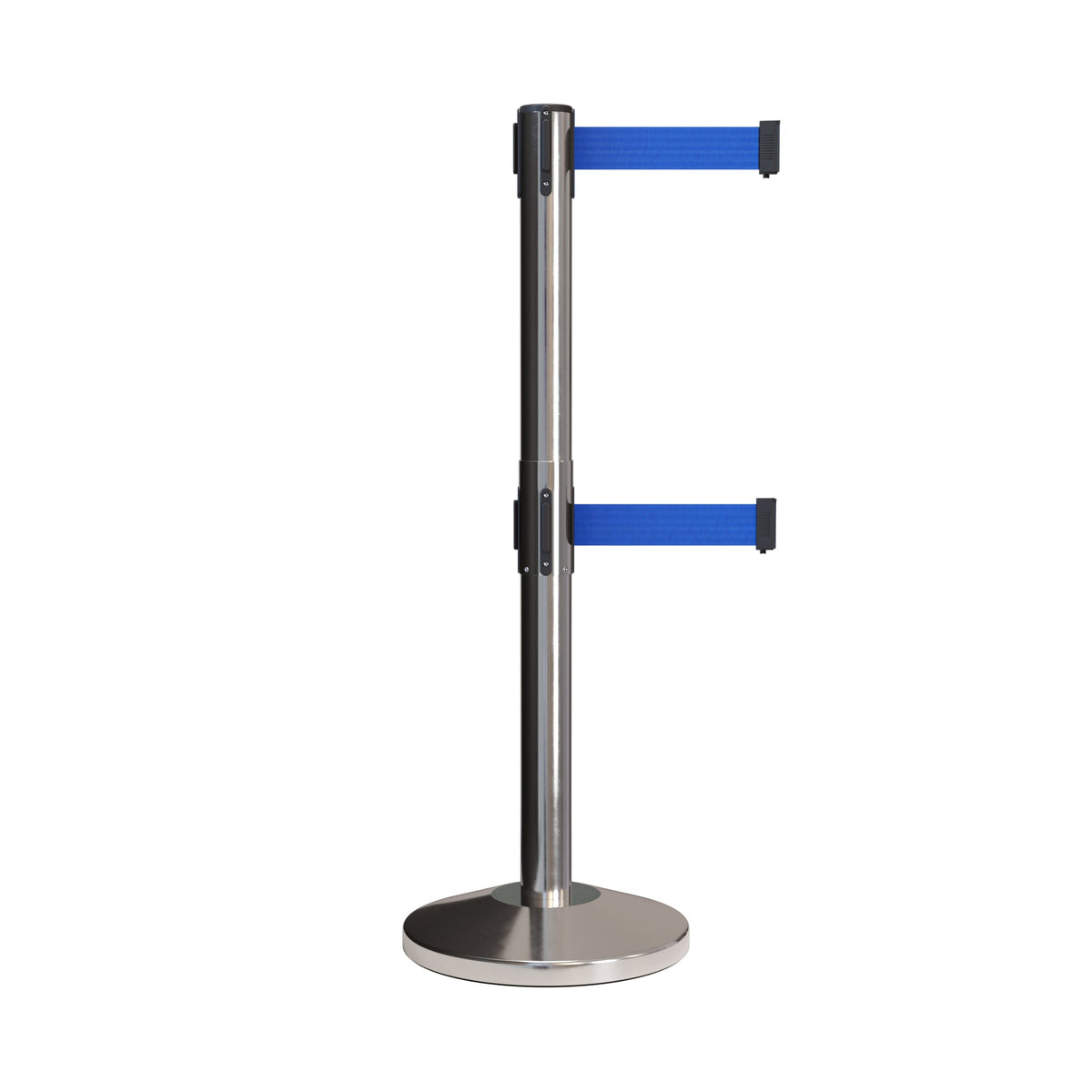 Retractable Dual Belt Barrier Stanchion, Black Post, 7.5 Ft. Belt - Montour Line MLine 630D - Crowd Control Warehouse
