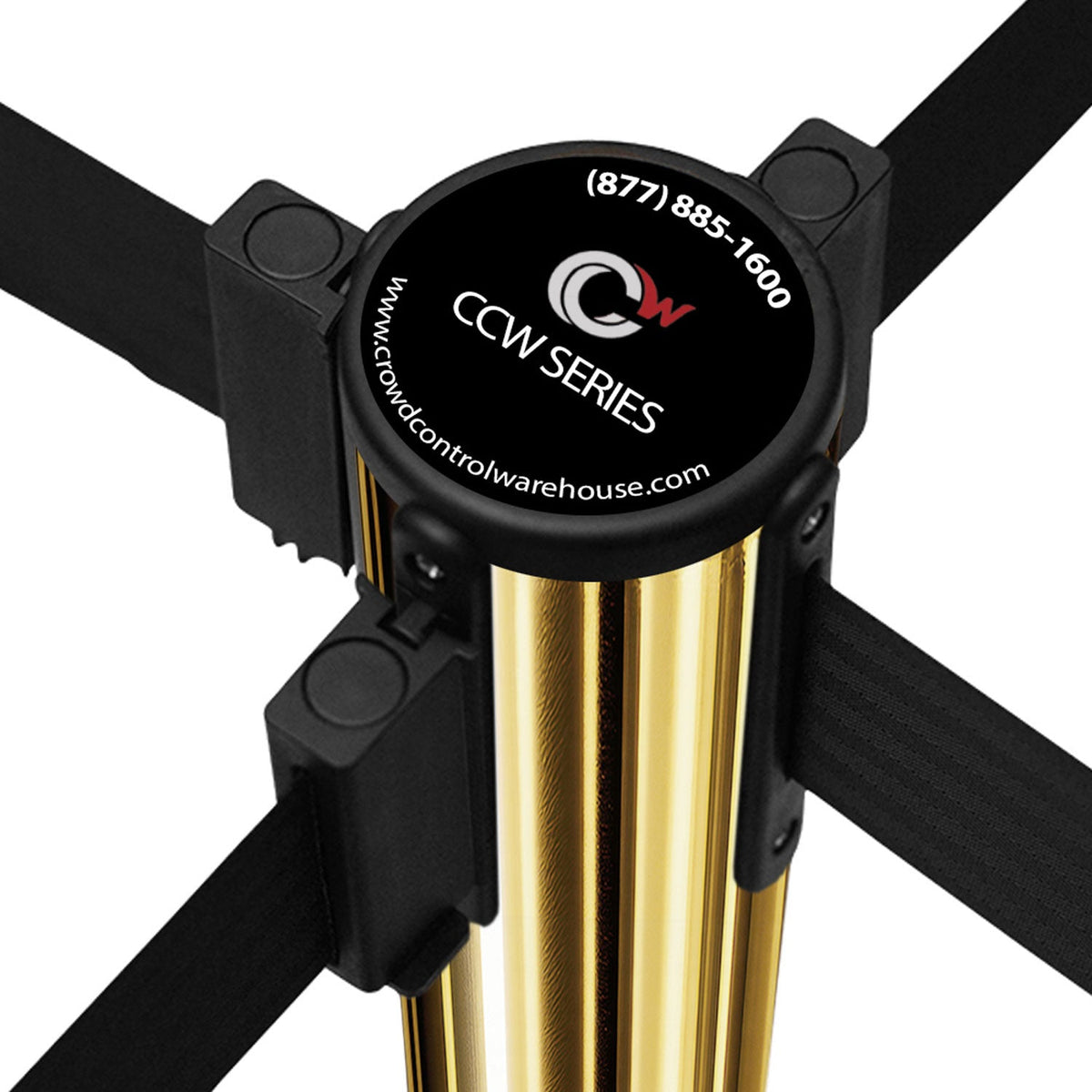 Retractable Dual Belt Barrier Stanchion, Rolling Base, Polished Brass Post, 7.5 - 13 Ft. Belt - Montour Line ME630D - Crowd Control Warehouse