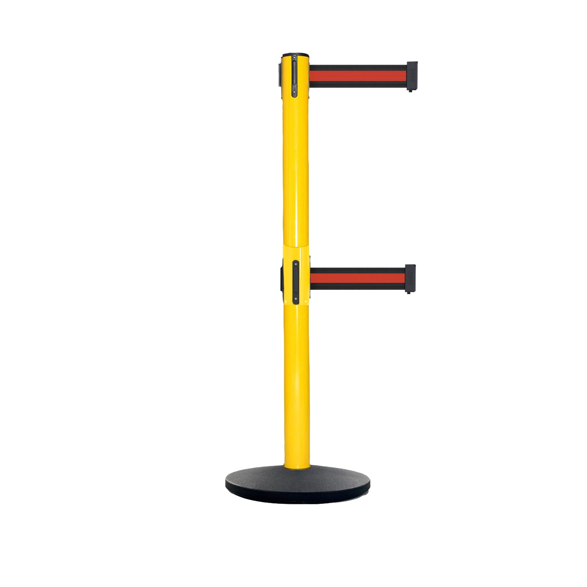 Retractable Dual Belt Belt Barrier Safety Stanchion, Yellow Post, Cast Iron Base, 9 Ft. Belt - Montour Line MSI630D - Crowd Control Warehouse
