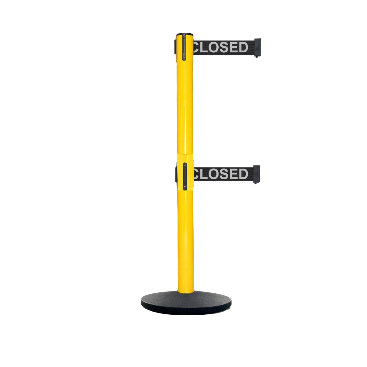 Retractable Dual Belt Belt Barrier Safety Stanchion, Yellow Post, Cast Iron Base, 9 Ft. Belt - Montour Line MSI630D - Crowd Control Warehouse