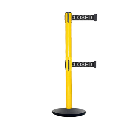 Retractable Dual Belt Belt Barrier Safety Stanchion, Yellow Post, Cast Iron Base, 9 Ft. Belt - Montour Line MSI630D - Crowd Control Warehouse