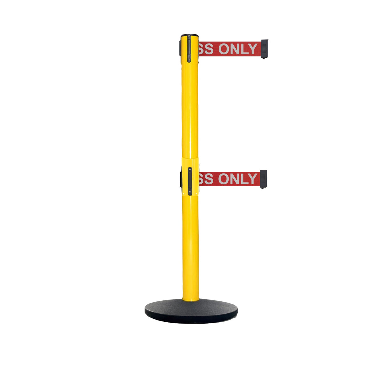 Retractable Dual Belt Belt Barrier Safety Stanchion, Yellow Post, Cast Iron Base, 9 Ft. Belt - Montour Line MSI630D - Crowd Control Warehouse
