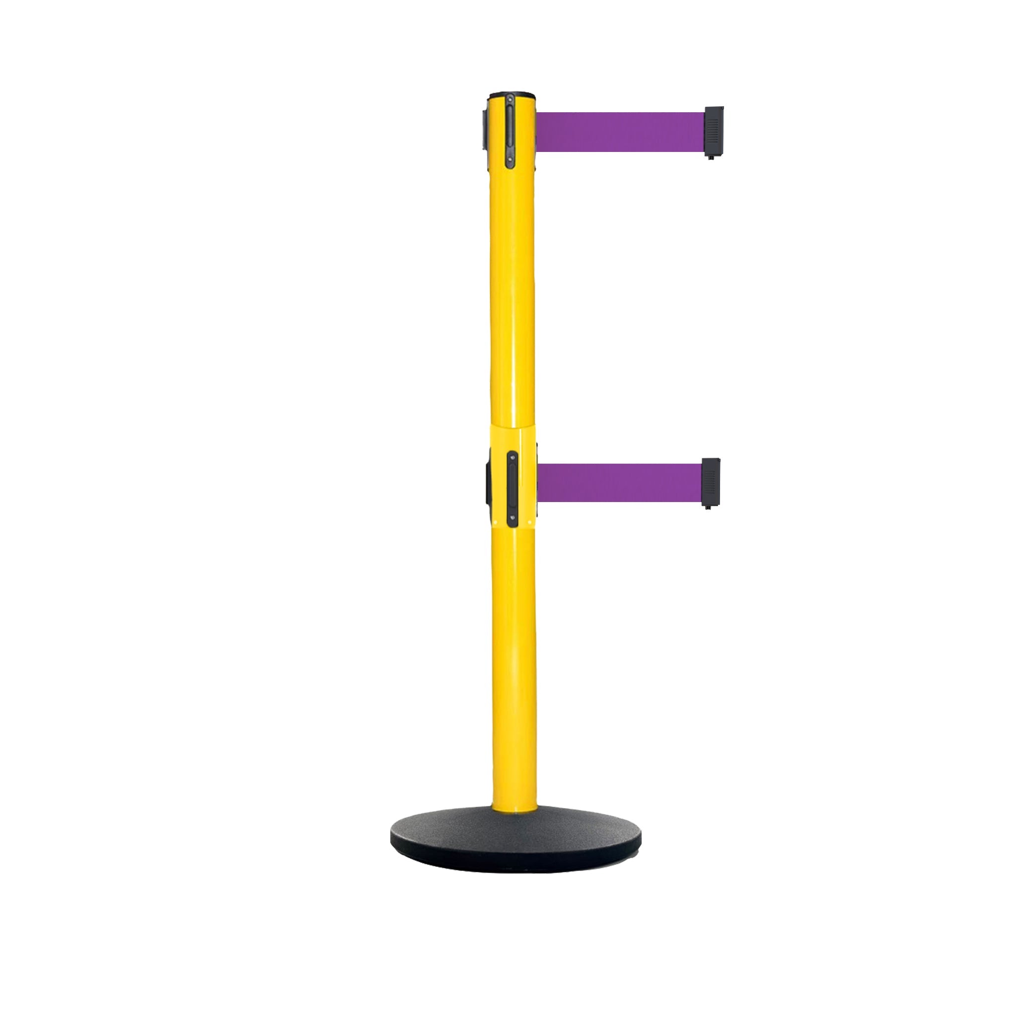 Retractable Dual Belt Belt Barrier Safety Stanchion, Yellow Post, Cast Iron Base, 9 Ft. Belt - Montour Line MSI630D - Crowd Control Warehouse