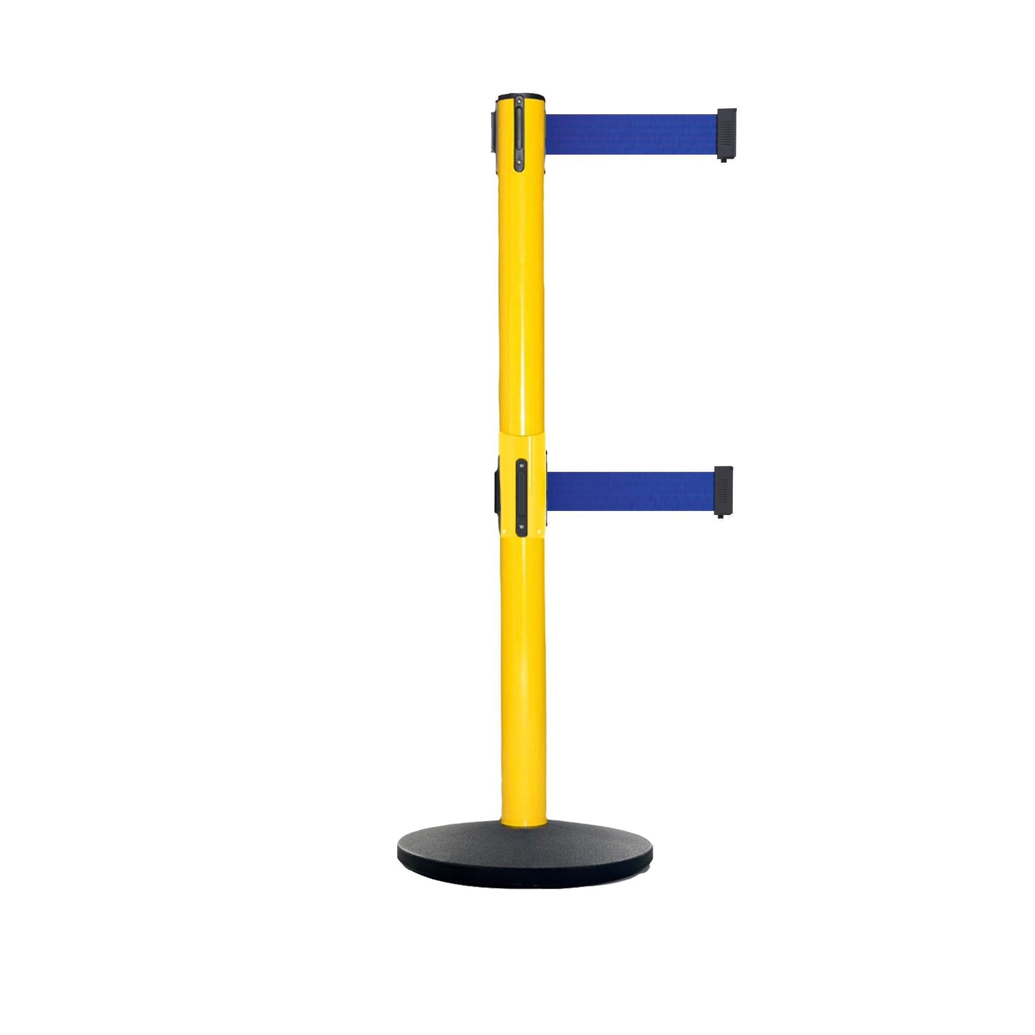 Retractable Dual Belt Belt Barrier Safety Stanchion, Yellow Post, Cast Iron Base, 9 Ft. Belt - Montour Line MSI630D - Crowd Control Warehouse