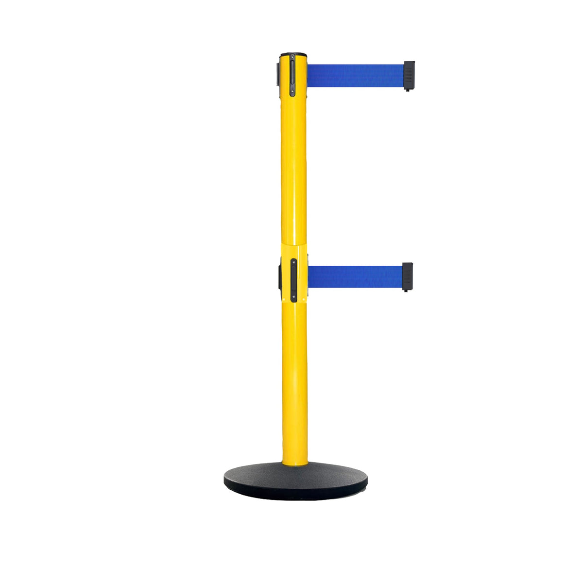 Retractable Dual Belt Belt Barrier Safety Stanchion, Yellow Post, Cast Iron Base, 9 Ft. Belt - Montour Line MSI630D - Crowd Control Warehouse