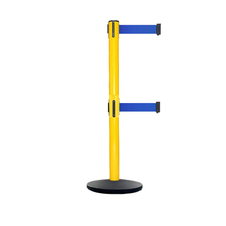 Retractable Dual Belt Belt Barrier Safety Stanchion, Yellow Post, Cast Iron Base, 9 Ft. Belt - Montour Line MSI630D - Crowd Control Warehouse