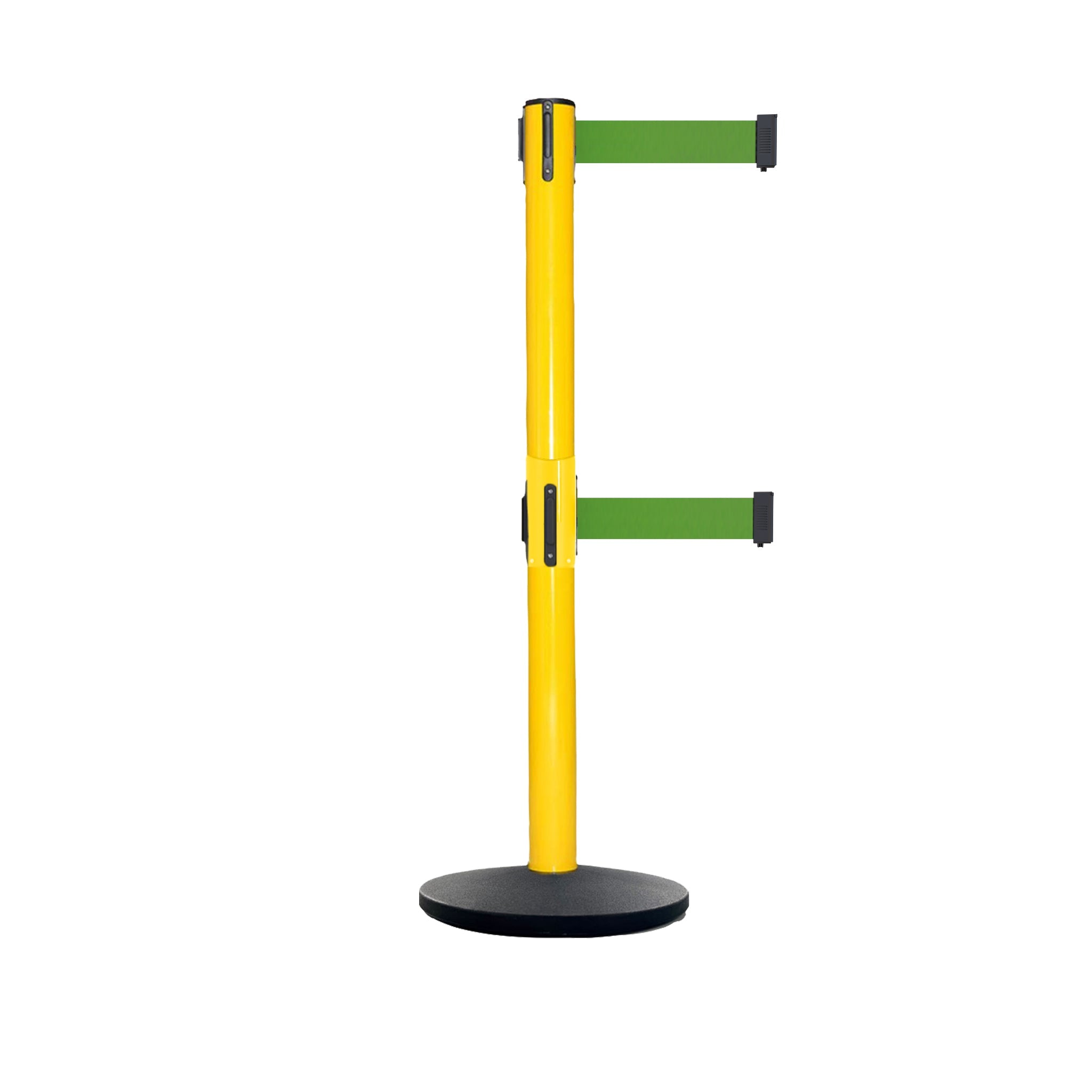 Retractable Dual Belt Belt Barrier Safety Stanchion, Yellow Post, Cast Iron Base, 9 Ft. Belt - Montour Line MSI630D - Crowd Control Warehouse