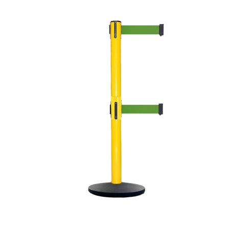 Retractable Dual Belt Belt Barrier Safety Stanchion, Yellow Post, Cast Iron Base, 9 Ft. Belt - Montour Line MSI630D - Crowd Control Warehouse