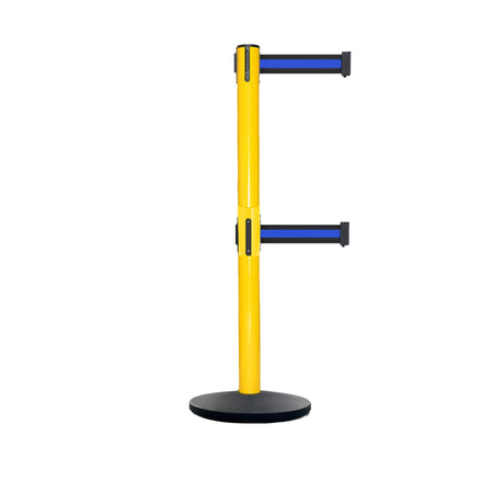Retractable Dual Belt Belt Barrier Safety Stanchion, Yellow Post, Cast Iron Base, 9 Ft. Belt - Montour Line MSI630D - Crowd Control Warehouse