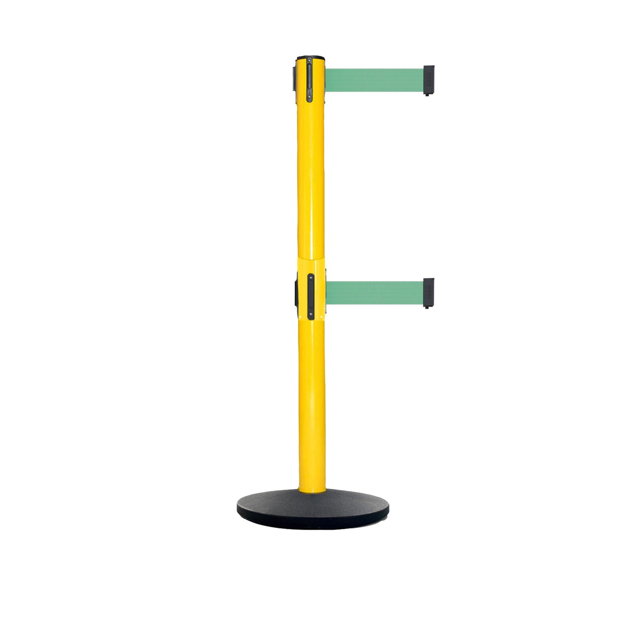 Retractable Dual Belt Belt Barrier Safety Stanchion, Yellow Post, Cast Iron Base, 9 Ft. Belt - Montour Line MSI630D - Crowd Control Warehouse