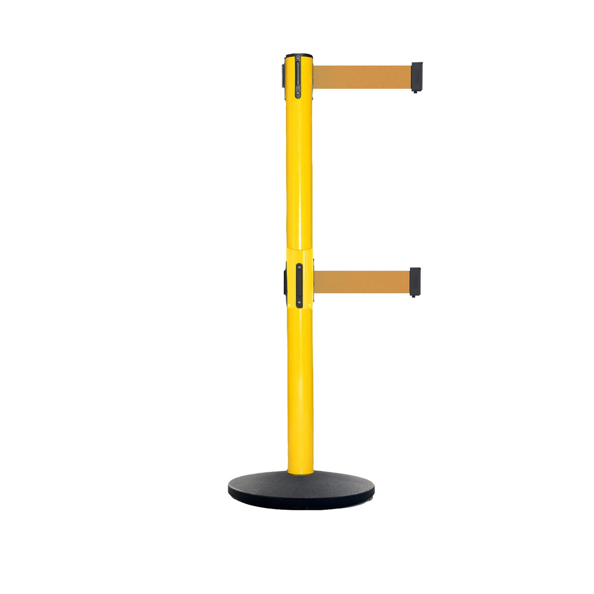 Retractable Dual Belt Belt Barrier Safety Stanchion, Yellow Post, Cast Iron Base, 9 Ft. Belt - Montour Line MSI630D - Crowd Control Warehouse