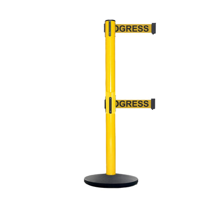Retractable Dual Belt Belt Barrier Safety Stanchion, Yellow Post, Cast Iron Base, 9 Ft. Belt - Montour Line MSI630D - Crowd Control Warehouse