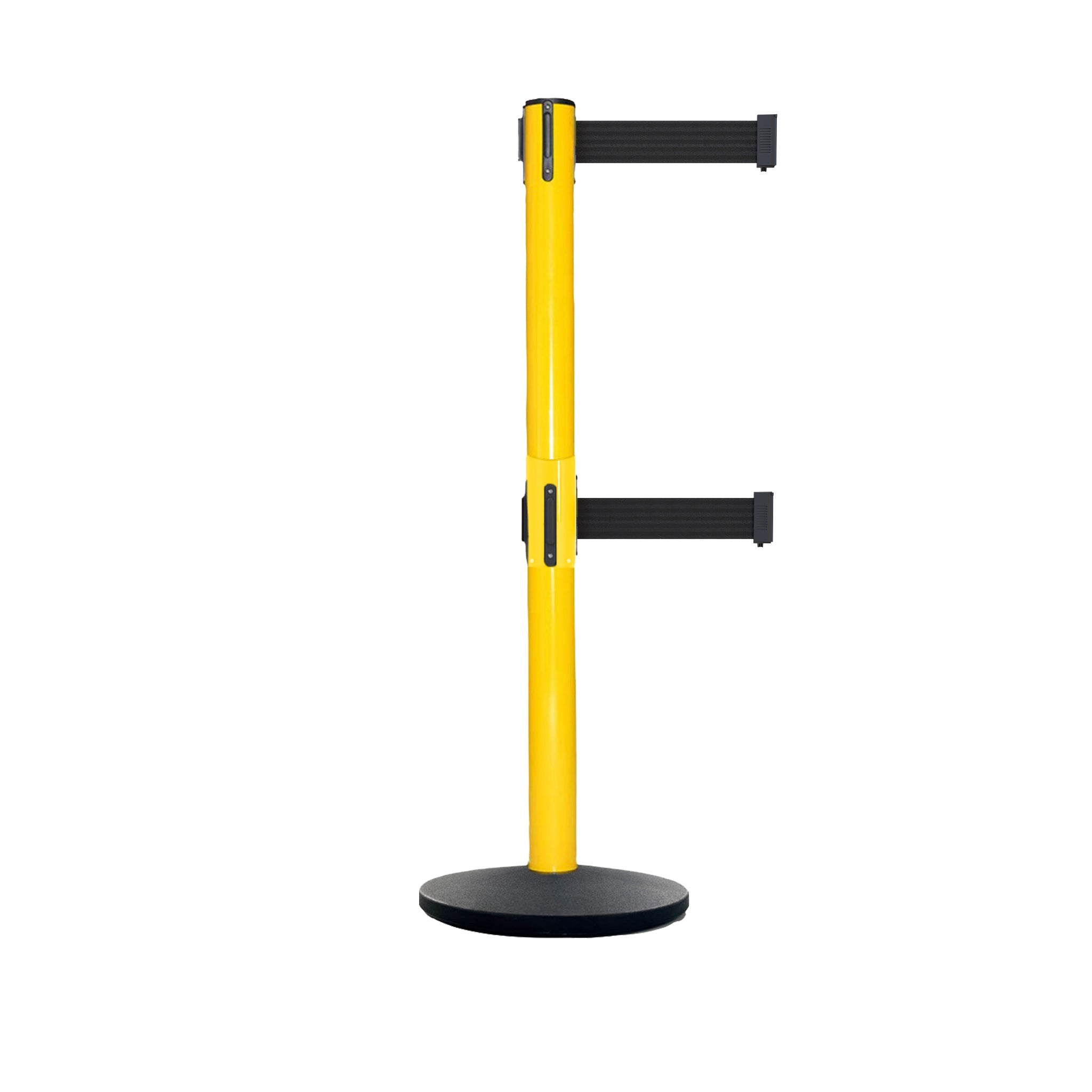 Retractable Dual Belt Belt Barrier Safety Stanchion, Yellow Post, Cast Iron Base, 9 Ft. Belt - Montour Line MSI630D - Crowd Control Warehouse