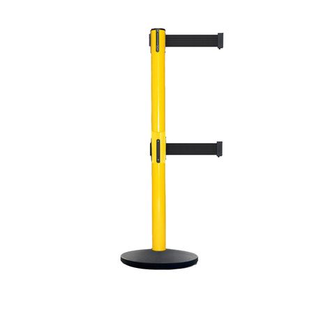 Retractable Dual Belt Belt Barrier Safety Stanchion, Yellow Post, Cast Iron Base, 9 Ft. Belt - Montour Line MSI630D - Crowd Control Warehouse