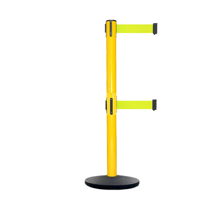 Retractable Dual Belt Belt Barrier Safety Stanchion, Yellow Post, Cast Iron Base, 9 Ft. Belt - Montour Line MSI630D - Crowd Control Warehouse