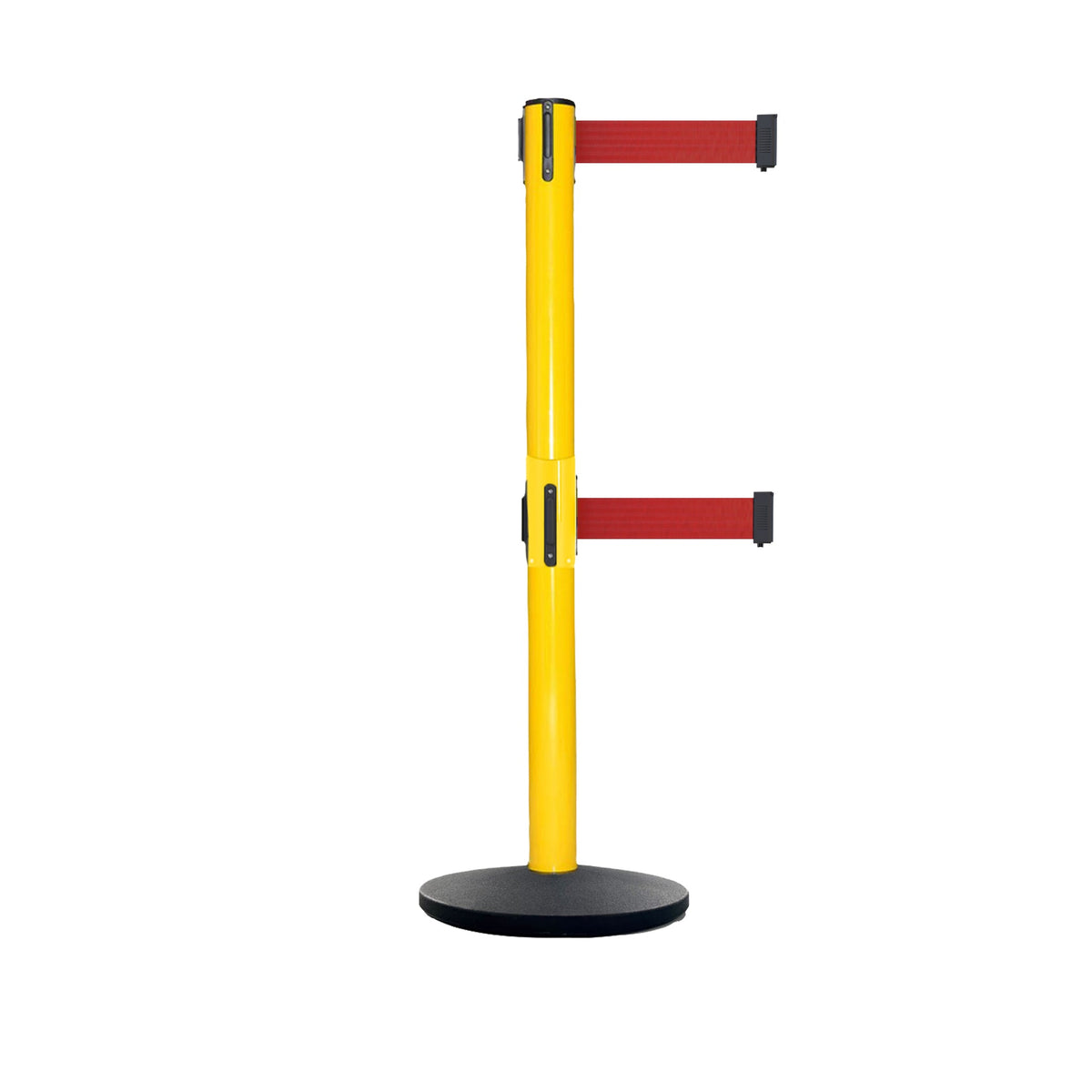 Retractable Dual Belt Belt Barrier Safety Stanchion, Yellow Post, Cast Iron Base, 9 Ft. Belt - Montour Line MSI630D - Crowd Control Warehouse