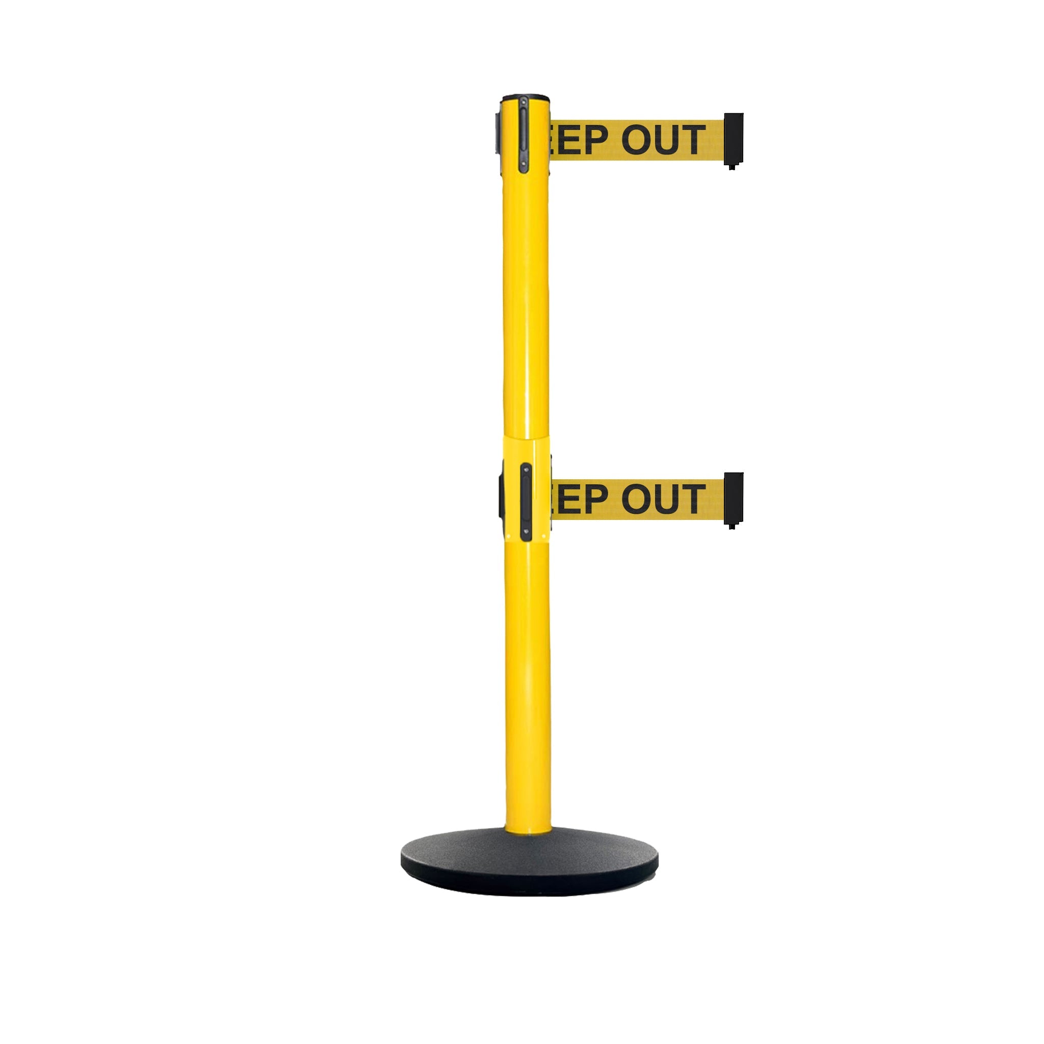 Retractable Dual Belt Belt Barrier Safety Stanchion, Yellow Post, Cast Iron Base, 9 Ft. Belt - Montour Line MSI630D - Crowd Control Warehouse