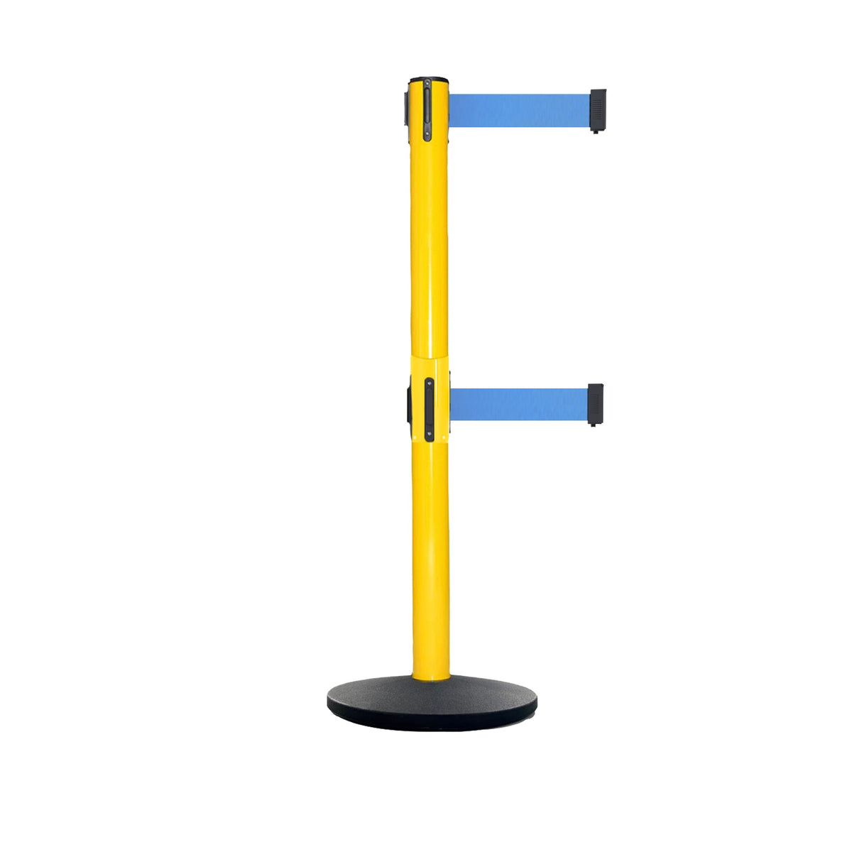 Retractable Dual Belt Belt Barrier Safety Stanchion, Yellow Post, Cast Iron Base, 9 Ft. Belt - Montour Line MSI630D - Crowd Control Warehouse