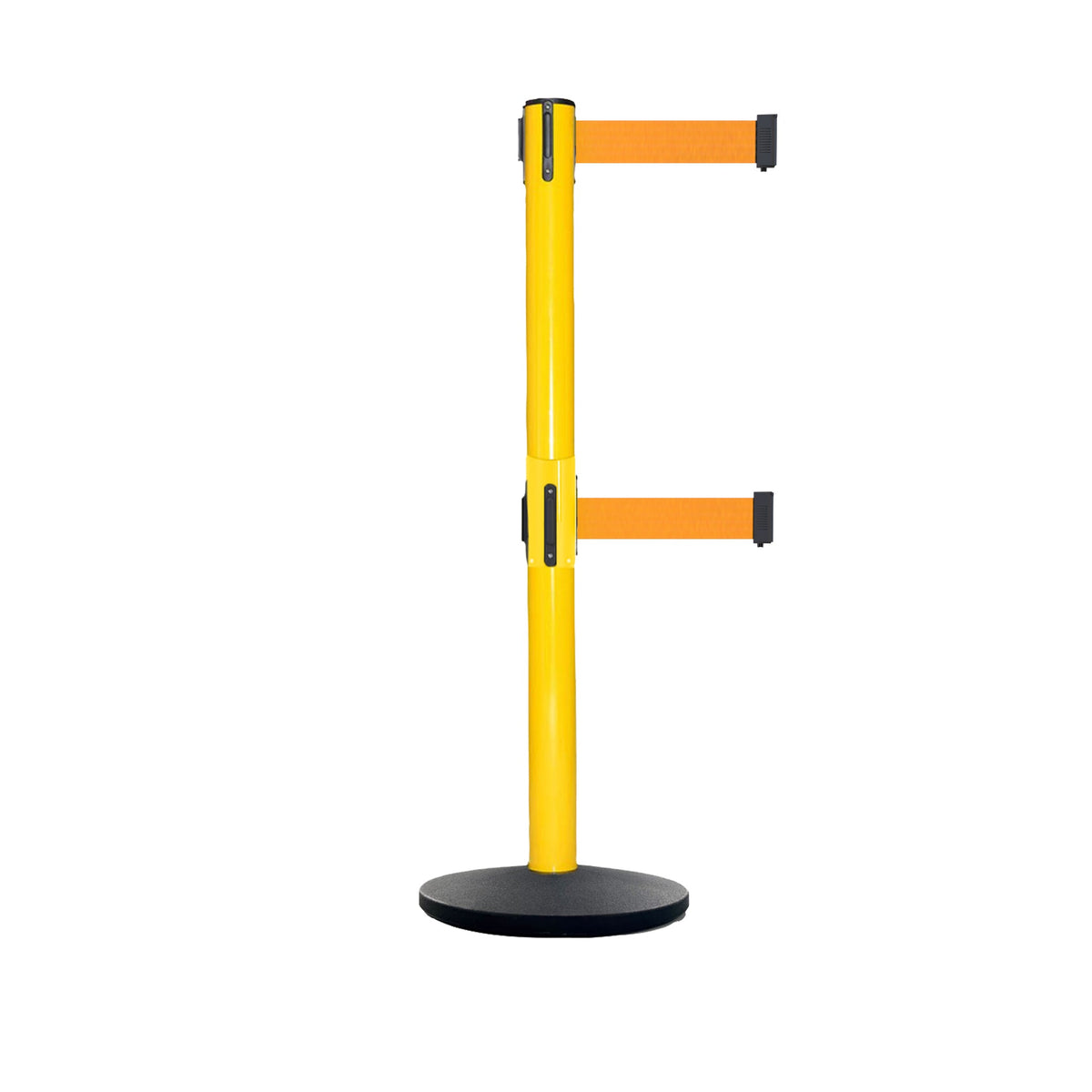 Retractable Dual Belt Belt Barrier Safety Stanchion, Yellow Post, Cast Iron Base, 9 Ft. Belt - Montour Line MSI630D - Crowd Control Warehouse