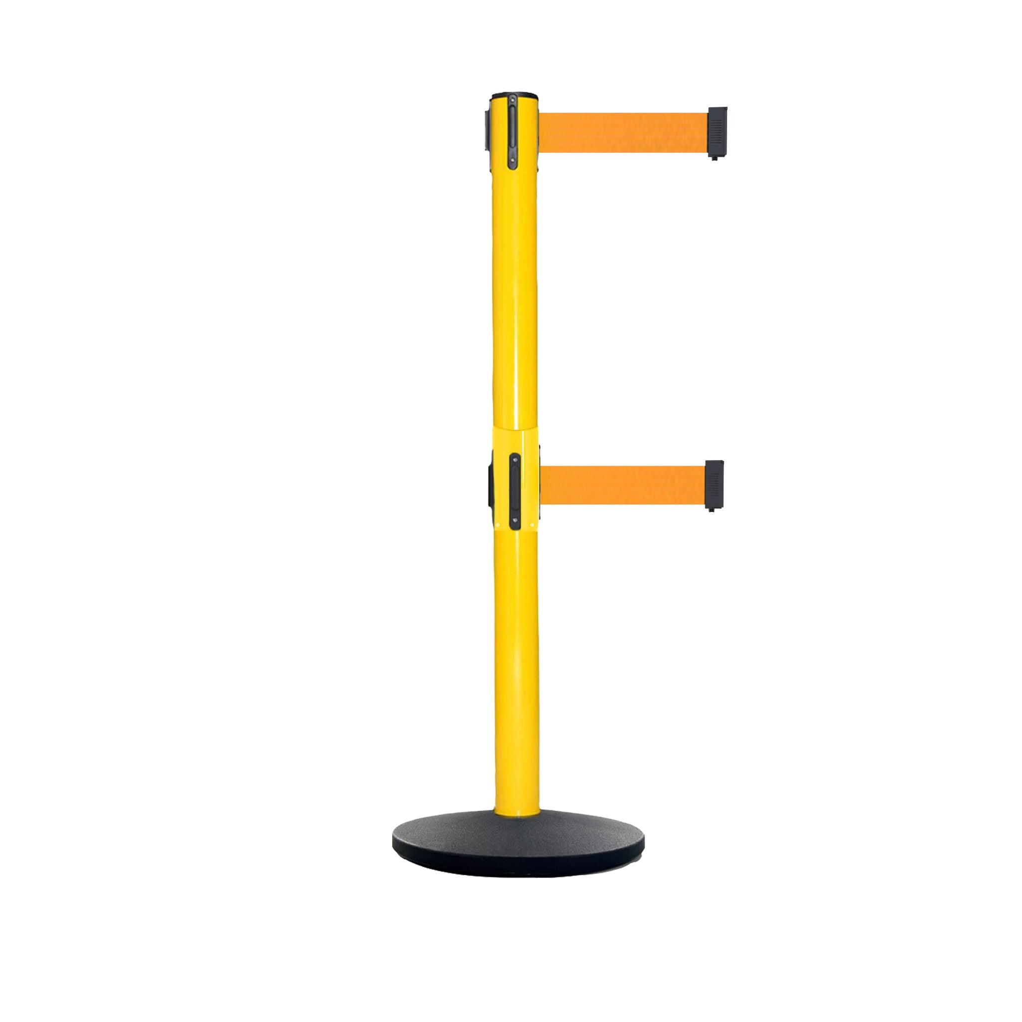 Retractable Dual Belt Belt Barrier Safety Stanchion, Yellow Post, Cast Iron Base, 9 Ft. Belt - Montour Line MSI630D - Crowd Control Warehouse