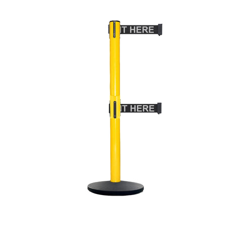 Retractable Dual Belt Belt Barrier Safety Stanchion, Yellow Post, Cast Iron Base, 9 Ft. Belt - Montour Line MSI630D - Crowd Control Warehouse
