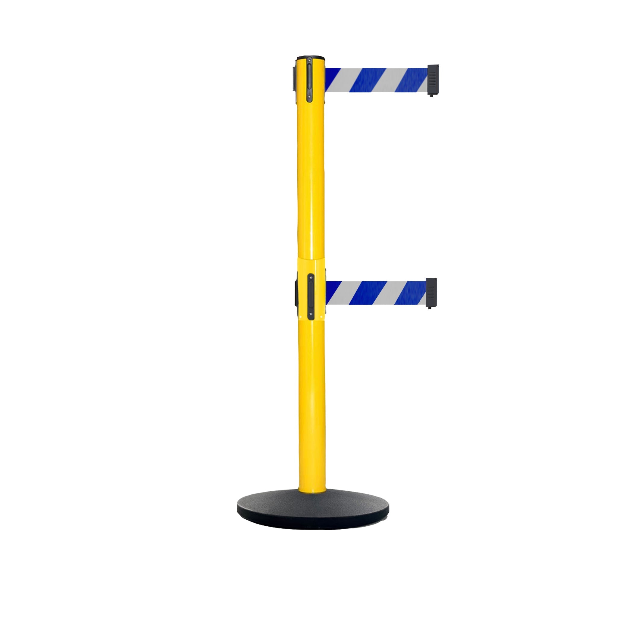 Retractable Dual Belt Belt Barrier Safety Stanchion, Yellow Post, Cast Iron Base, 9 Ft. Belt - Montour Line MSI630D - Crowd Control Warehouse