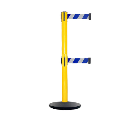 Retractable Dual Belt Belt Barrier Safety Stanchion, Yellow Post, Cast Iron Base, 9 Ft. Belt - Montour Line MSI630D - Crowd Control Warehouse