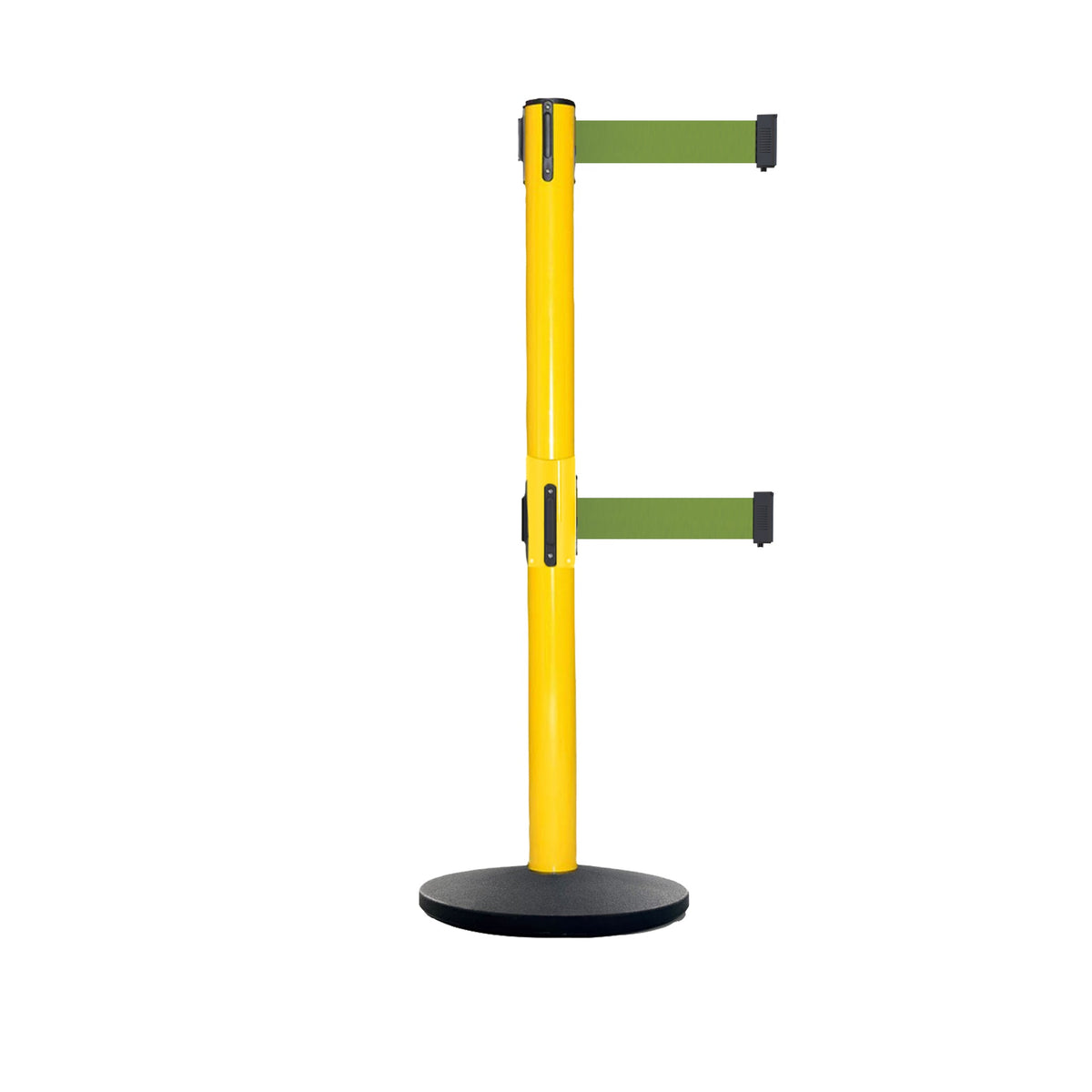 Retractable Dual Belt Belt Barrier Safety Stanchion, Yellow Post, Cast Iron Base, 9 Ft. Belt - Montour Line MSI630D - Crowd Control Warehouse