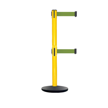 Retractable Dual Belt Belt Barrier Safety Stanchion, Yellow Post, Cast Iron Base, 9 Ft. Belt - Montour Line MSI630D - Crowd Control Warehouse